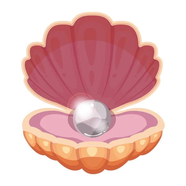 Schöne Meeresmuschel mit einer brillanten Perle. Schmuck. Cartoon-Stil. Vektor, Illustration, Vorlage, isoliert, weißer Hintergrund. — Stockvektor
