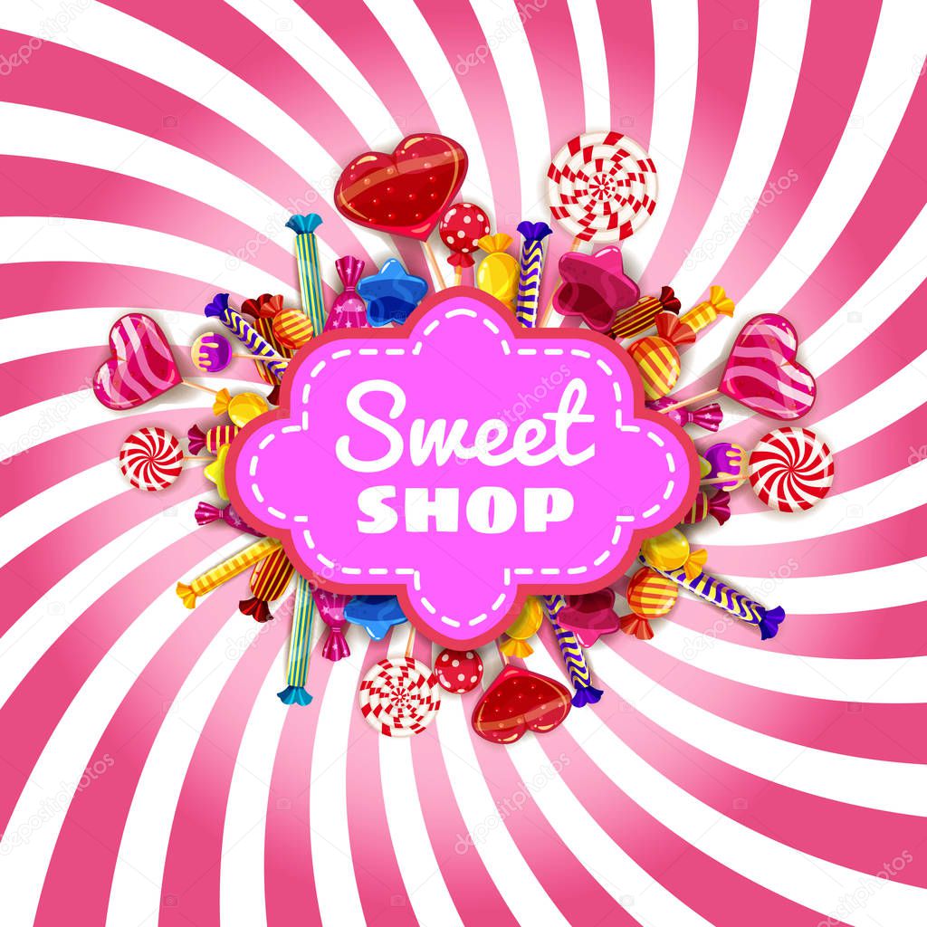 Candy shop frame template background with set of different colors of candy, candy, sweets, chocolate candy, jelly beans, fruit lollipops with sprinkles, spiral colorful sweets. Spiral stripes, vector