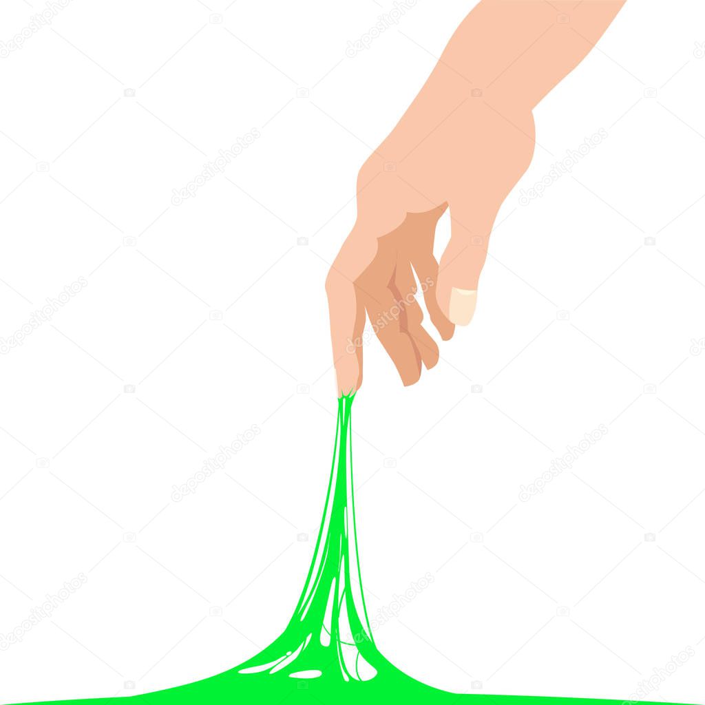 Sticky slime reaching stuck for hand, green banner template. Popular children s sensory toy vector illustration. Cartoon liquid slime isolated background. Abstract design element, isolated