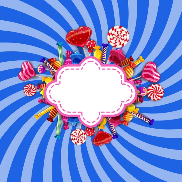 Modèle de cadre de magasin de bonbons fond avec ensemble de différentes couleurs de bonbons, bonbons, bonbons, bonbons au chocolat, gelées de haricots, sucettes de fruits avec des aspersions, bonbons colorés en spirale. Rayures spirales, vecteur — Image vectorielle