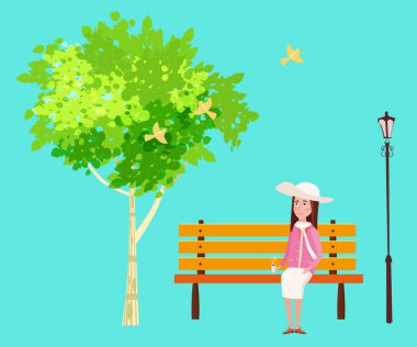 Bahar ruh hali, park. açık. Bankta oturan kız hayal ediyor. Kuşlar şarkı. Mavi gökyüzü. Parlak sulu renkler. Vektör, illüstrasyon, izole. Şablon. Karikatür tarzı
