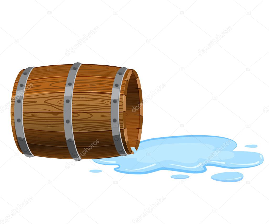 Open barrel lying on the ground, empty with spilled liquid, puddle, vector, isolated on white background, cartoon style