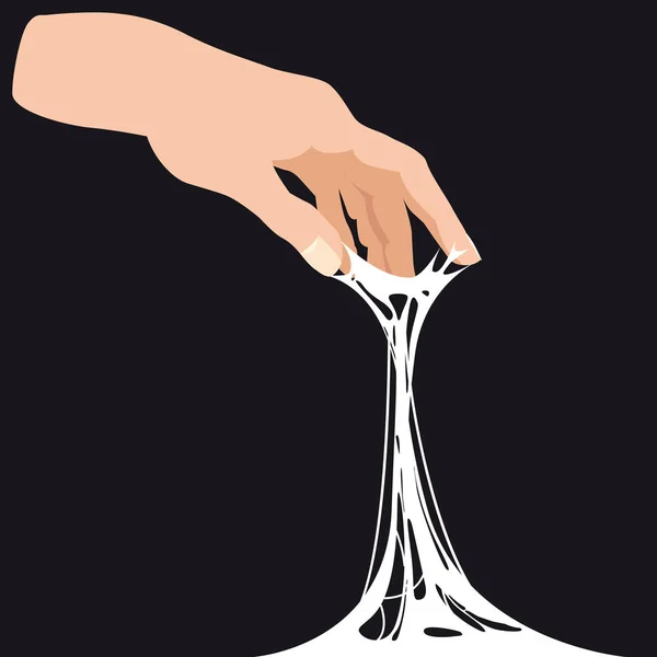 Plakkerig slijm, hand tussen de vingers geklemd, witte banner sjabloon. Lijm Jelly De stof is kleverig, spanning, elasticiteit. Populaire kinderen zintuiglijke speelgoed vector illustratie — Stockvector