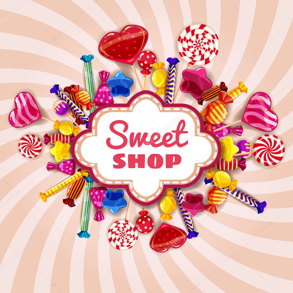 Candy shop frame template background with set of different colors of candy, candy, sweets, chocolate candy, jelly beans, fruit lollipops with sprinkles, spiral colorful sweets. Spiral stripes, vector