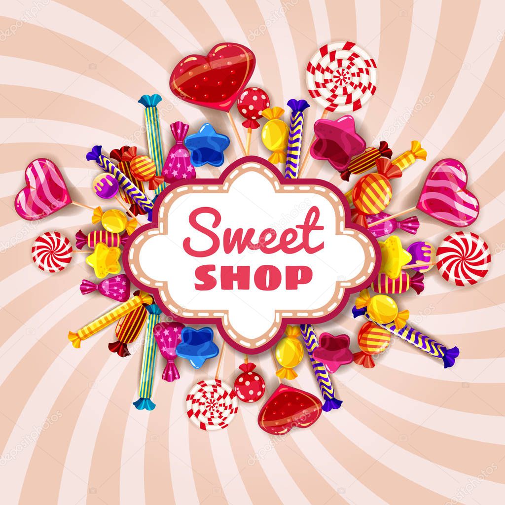Candy shop frame template background with set of different colors of candy