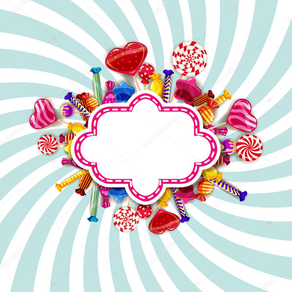 Candy shop frame template background with set of different colors of candy