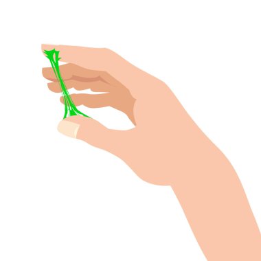 Yapışkan balçık, elini parmaklarının arasına uzatıyor, beyaz pankart şablonu. Yapıştırıcı jölesi. Madde yapışkan, gerilim, esneklik. Popüler çocukların duyusal oyuncak vektör çizimi