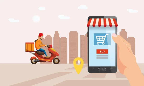 Servizio di consegna online, tracciamento tracker online. Smartphone, scooter, consegna pacchi motorino, fattorino. Internet delivery, concept, idea, vettore, illustrazione per siti web, negozi, animazione — Vettoriale Stock