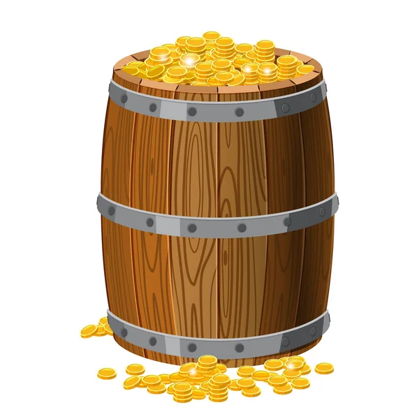 Wooden barrel with treasures, gold coins, with metal stripes, for alcohol, wine, rum, beer and other beverages, or treasures, gunpowder. Isolated on white background. Vector illustration. Cartoon — 스톡 벡터