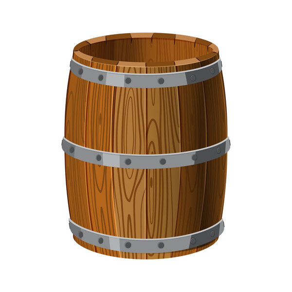 Open barrel wooden with metal stripes, for alcohol, wine, rum, beer and other beverages, or treasures, gunpowder. Isolated on white background. Vector illustration. Cartoon style.