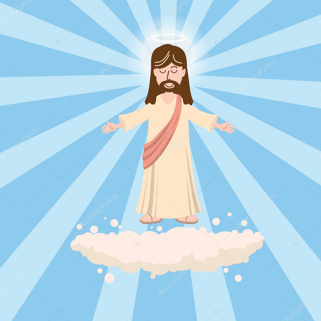 Cute God smiles with open arms, a halo of saints above his head