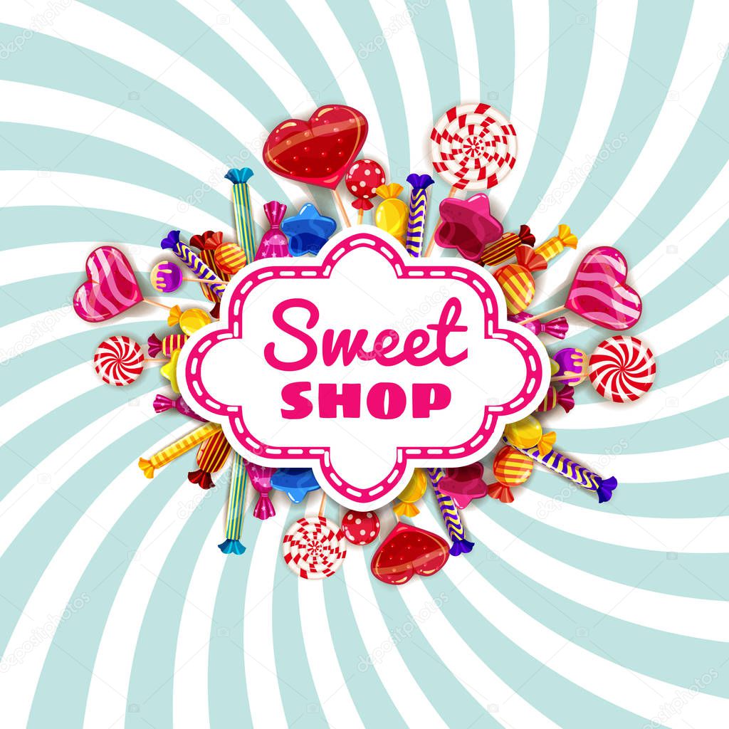 Candy Sweet Shop template set of different colors of candy, candy, sweets, chocolate candy, jelly beans with sprinkles, spiral colorful sweets. Background, poster, banner, isolated, cartoon style