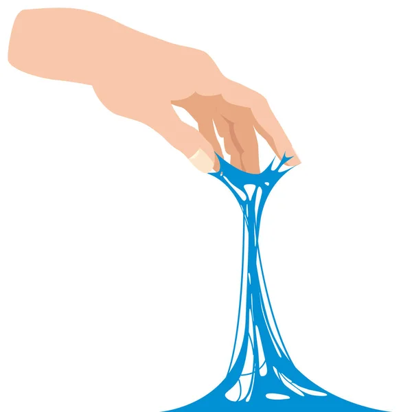 Plakkerig slijm, hand tussen de vingers geklemd, witte banner sjabloon. Lijm Jelly De stof is kleverig, spanning, elasticiteit. Populaire kinderen zintuiglijke speelgoed vector illustratie — Stockvector