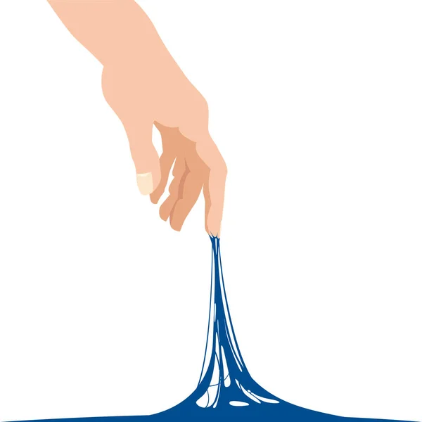 Bereiken van de kleverige slijm vast voor de sjabloon voor hand, blauw spandoek. Populaire kinderen s zintuiglijke speelgoed vectorillustratie. Cartoon vloeistof slijm geïsoleerde achtergrond. Lijm Jelly de stof is kleverig, spanning — Stockvector