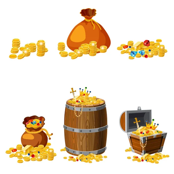 Conjunto Tesoro, oro, monedas, barras, joyas, corona, espada, pecho, barril, vector, aislado, estilo de dibujos animados, para juegos, aplicaciones, fondo blanco — Vector de stock