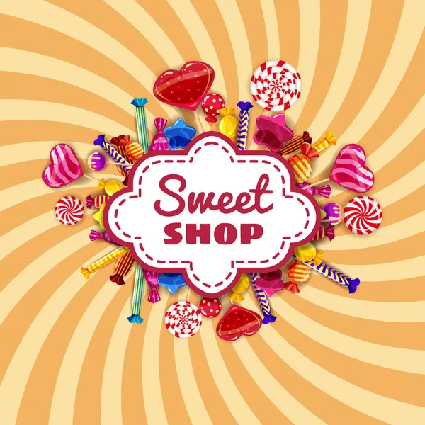 Şekerci dükkanının farklı renkteki şekerler, şekerler, şekerler, çikolatalı şekerler, şekerli jelibonlar, sarmal renkli şekerler. Arkaplan, poster, afiş, izole edilmiş, çizgi film tarzı — Stok Vektör