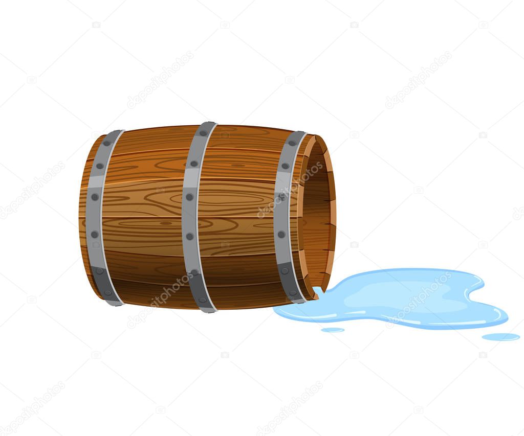 Open barrel lying on the ground, empty with spilled liquid, puddle, vector, isolated on white background, cartoon style