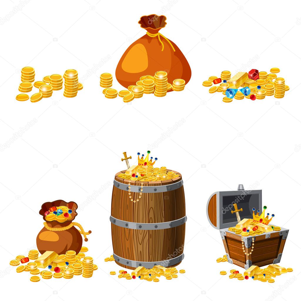 Set Treasure, gold, coins, bars, jewels, crown, sword, chest, barrel, vector, isolated, cartoon style, for games, apps, white background