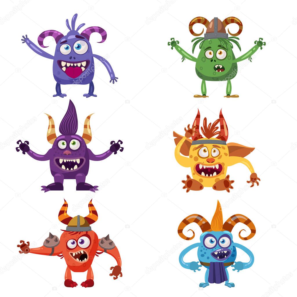 Set of cute funny characters troll, bigfoot, devil, yeti imp