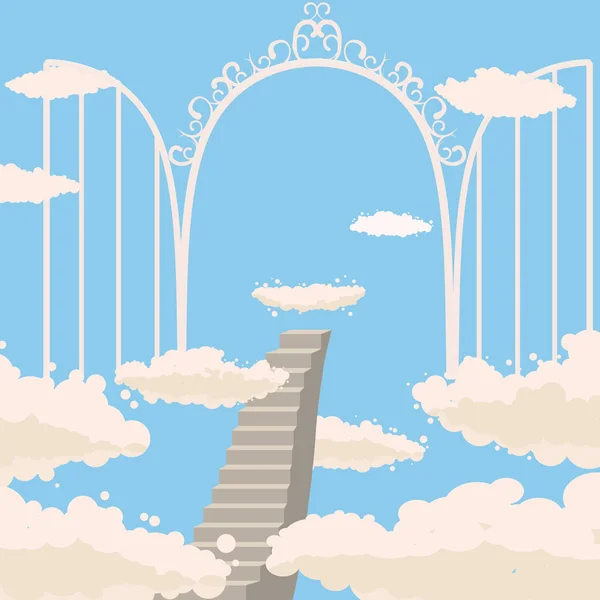 Camino, escaleras al cielo, puertas abiertas del cielo, cielo, nubes, cristianismo, vector, aislado, estilo de dibujos animados — Archivo Imágenes Vectoriales