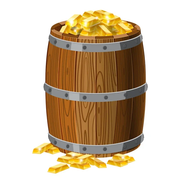 Barril de madera con tesoros, barras de oro, con rayas metálicas, para alcohol, vino, ron, cerveza y otras bebidas, o tesoros, pólvora. Aislado sobre fondo blanco. Ilustración vectorial. Estilo de dibujos animados — Vector de stock