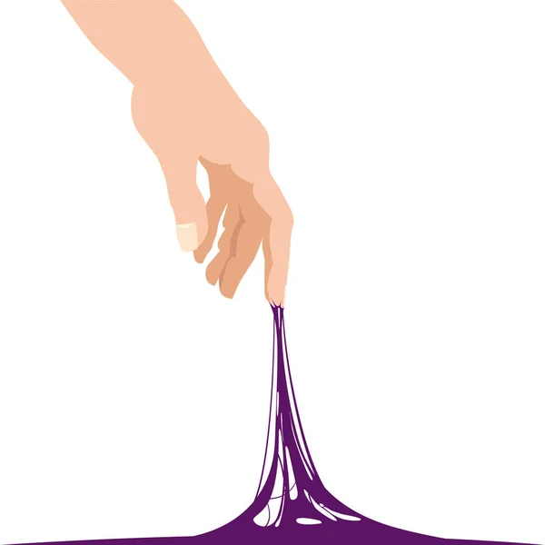 Het bereiken van de kleverige slijm vast voor hand, violet-sjabloon voor spandoek. Populaire kinderen s zintuiglijke speelgoed vectorillustratie. Cartoon vloeistof slijm geïsoleerde achtergrond. Lijm Jelly de stof is kleverig, spanning — Stockvector