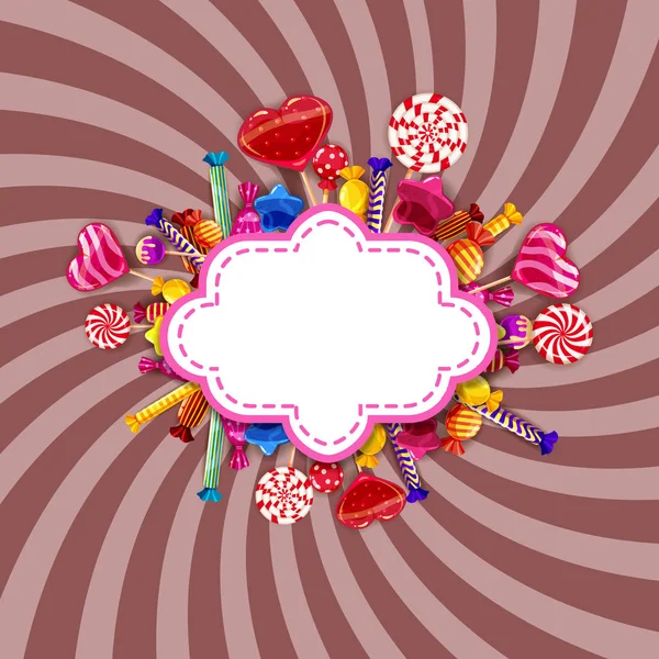 Шаблон цукерки Солодкий магазин набір різних кольорів цукерок, цукерок, цукерок, шоколадних цукерок, желе бобів зі зморшками, спіральних барвистих цукерок. Фон, плакат, банер, ізольований, мультиплікаційний стиль — стоковий вектор