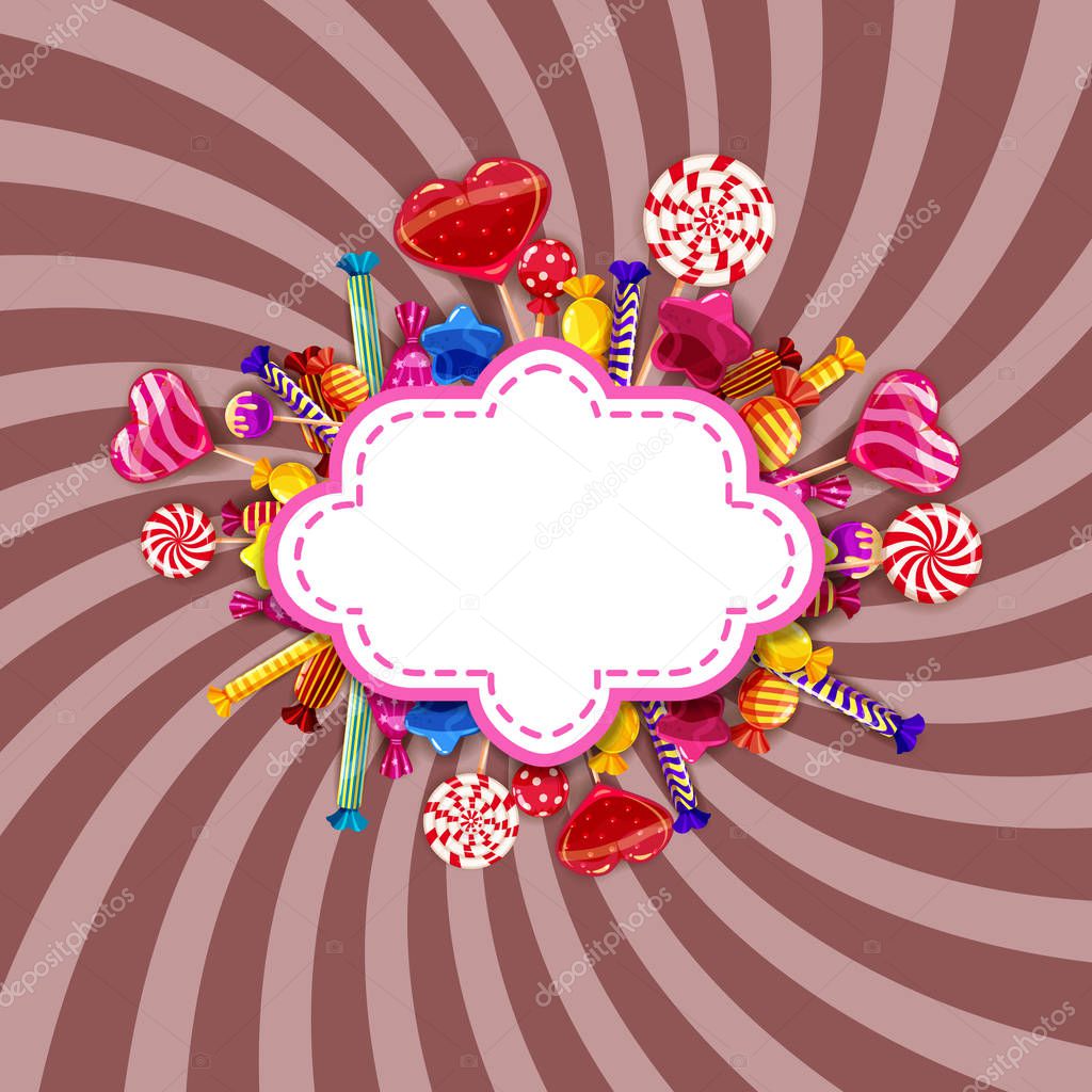 Candy Sweet Shop template set of different colors of candy, candy, sweets, chocolate candy, jelly beans with sprinkles, spiral colorful sweets. Background, poster, banner, isolated, cartoon style