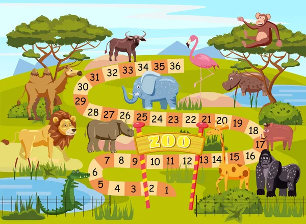Zoo juego de mesa con números para niños, león, elefante, flamenco, búfalo, hipopótamo, cocodrilo, gorila, camello, jabalí, vector, plantilla, ilustración, aislado — Vector de stock