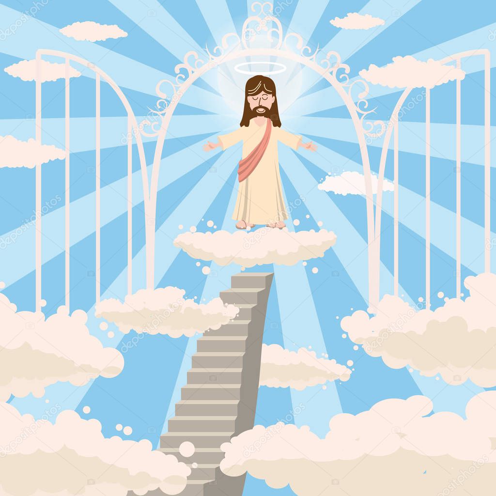 Cute God smiles with open arms, a halo of saints above his head
