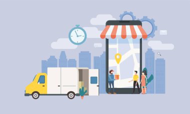 Kavram Online teslimat Servisi, online izleyici ' açılış sayfası izleme. Küçük insanlar, bir teslimatçı, bir adam ve bir kadın alıcılar, bir paket teslim, smartphone, kronometre bir kamyonla. Internet