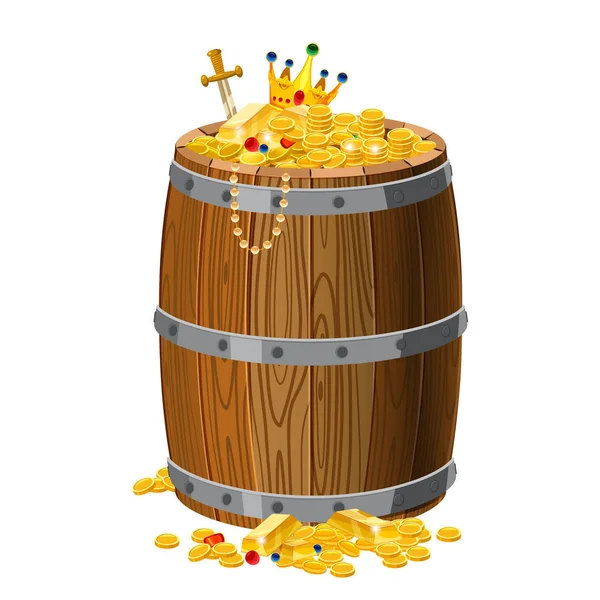 Wooden barrel with treasures, gold and precious stones, a crown, sword, coins, with metal stripes, for alcohol, wine, rum, beer and other beverages, or treasures, gunpowder. Isolated on white — Stock Vector