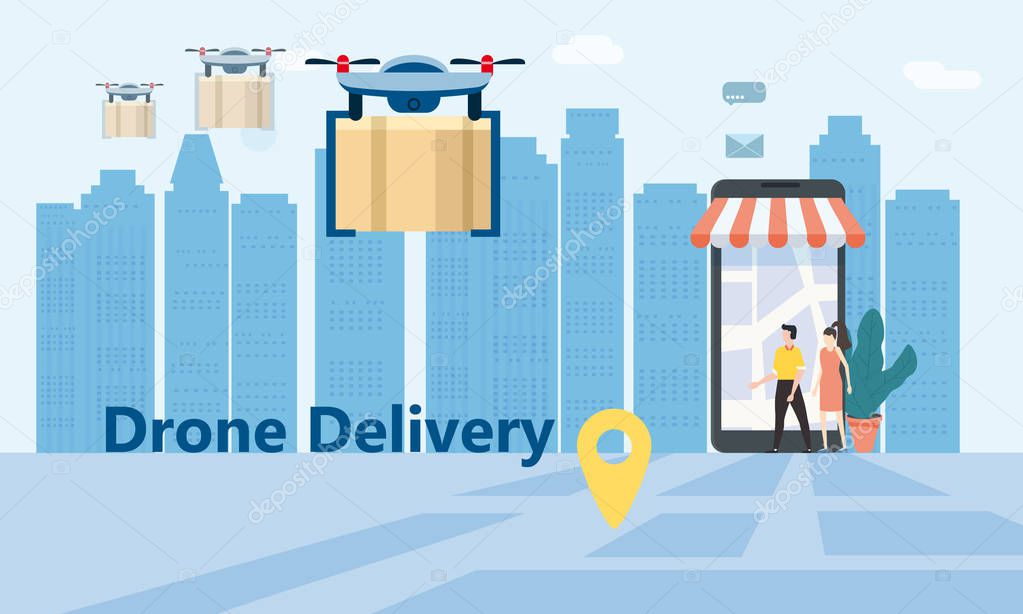 Concept of delivery of the drone flies with the mail, the delivery of parcels. Tiny people stand near a huge smartphone, order a product. Landing, online delivery service, tracking online tracker