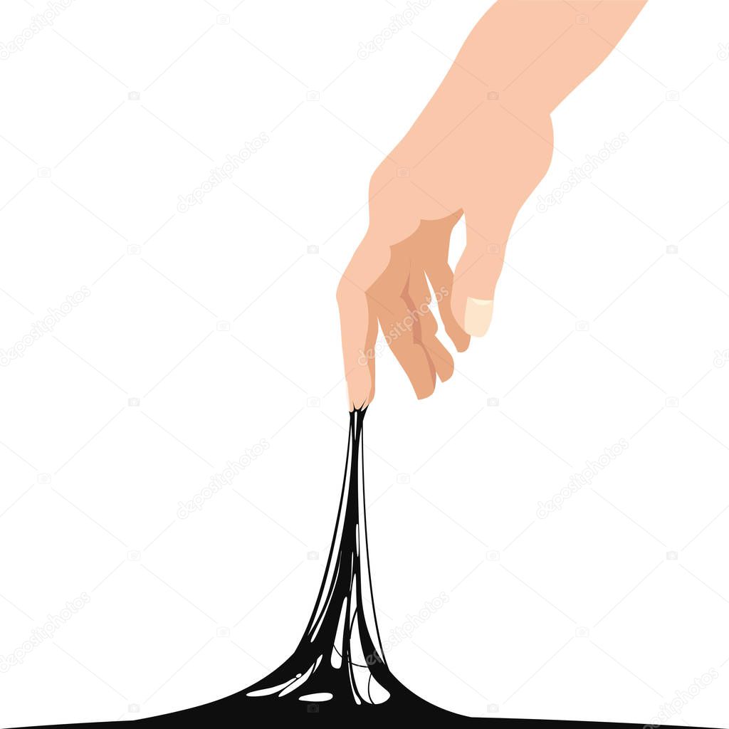 Sticky slime reaching stuck for hand, black banner template. Popular children s sensory toy vector illustration. Cartoon liquid slime isolated background. Glue Jelly The substance is sticky, tension