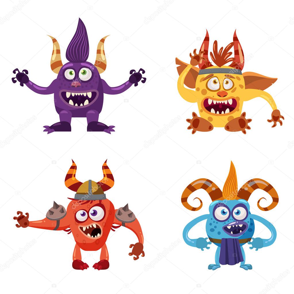 Set of cute funny characters troll, goblin, yeti, imp