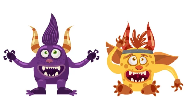 Troll Bigfoot és Imp aranyos vicces mese karakterek, érzelmek, rajzfilm stílusú, a könyvek, matricák, reklám, vektor, ábra, banner, elszigetelt — Stock Vector