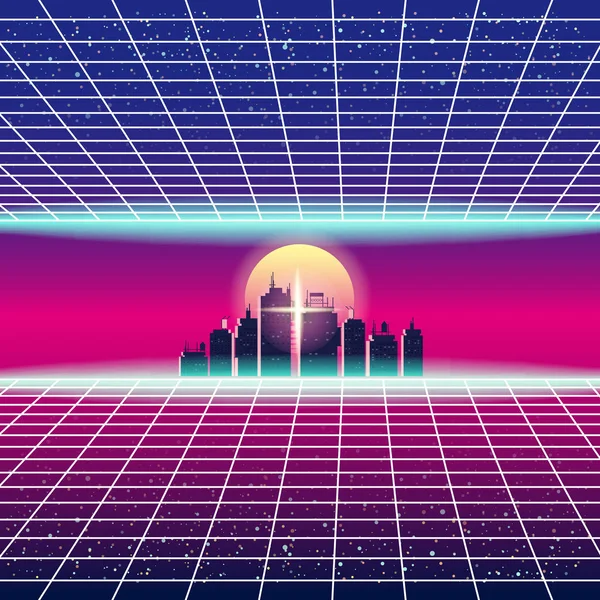 Synthwave Retro Futuristic Landscape With City, Sun, Stars And Styled Laser Grid. Neon Retrowave Design And Elements Sci-fi 80s 90s Space. Vector Illustration Template Isolated Background — Stock Vector