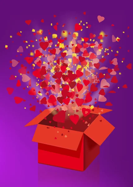 Open explosie rode gift box vliegen harten en confetti Happy Valentine s dag. Vector illustratie sjabloon bamer poster geïsoleerd. Violette achtergrond — Stockvector