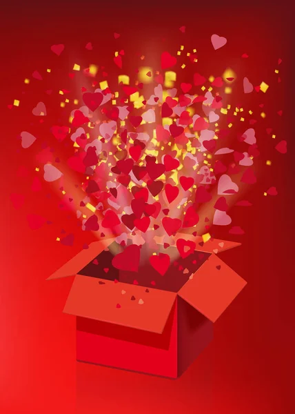 Boîte cadeau ouverte explosion rouge coeur de mouche et confettis Joyeuse Saint-Valentin. Modèle d'illustration vectorielle poster bamer isolé. Fond rouge — Image vectorielle