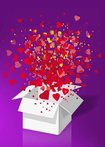 Open Explosie Wit Cadeau Doos Vliegen Harten Confetti Happy Valentine — Stockvector