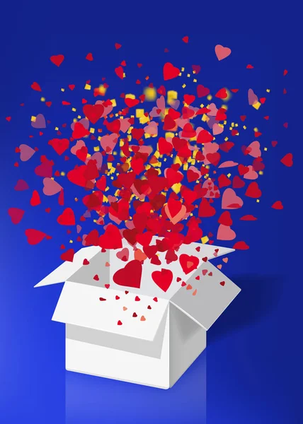 Open explosie wit cadeau doos vliegen harten en confetti Happy Valentine s dag. Vector illustratie sjabloon bamer poster geïsoleerd. Blauwe achtergrond — Stockvector