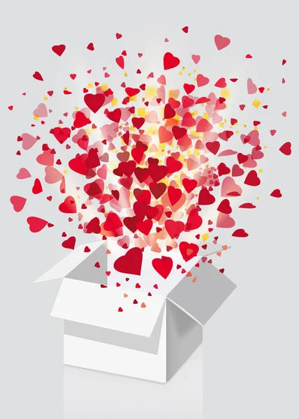 Open explosie wit cadeau doos vliegen harten en confetti Happy Valentine s dag. Vector illustratie sjabloon bamer poster geïsoleerd. Witte achtergrond — Stockvector