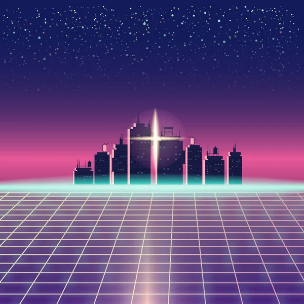 Synthwave Retro Futuristic Landscape With City, Sun, Stars And Styled Laser Grid. Neon Retrowave Design And Elements Sci-fi 80s 90s Space. Vector Illustration Template Isolated Background — Stock Vector