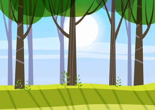 Mooi voorjaar bos bomen, groen gebladerte, landschap, struiken, silhouetten zwembroek, horizon. Vector minimalistische stijl illustratie sjabloon baner poster geïsoleerd — Stockvector