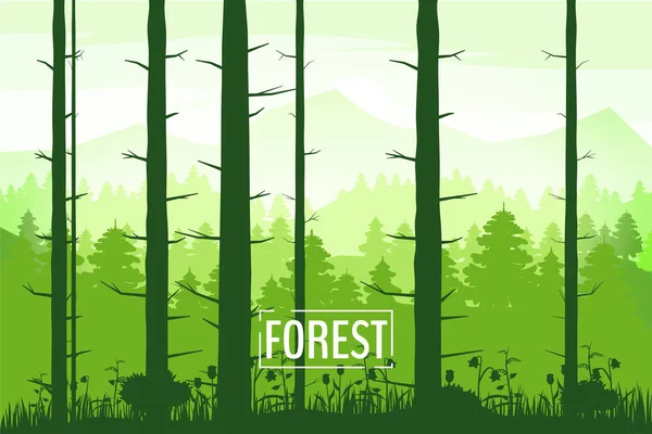 Printemps beau paysage, forêt, silhouettes de troncs d'arbres, couleur verte de feuillage. Panorama, horizon, nature. Illustration vectorielle, style dessin animé, isolé, bannière, modèle, affiche, carte — Image vectorielle