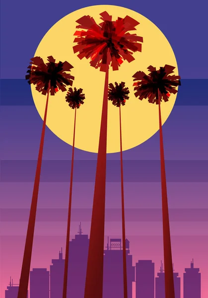 Mooie zonsondergang achtergronden van de zomer met palmen bomen stadsgezicht, sky horison. Vectorillustratie, geïsoleerd, sjabloon, baner, kaart, poster — Stockvector