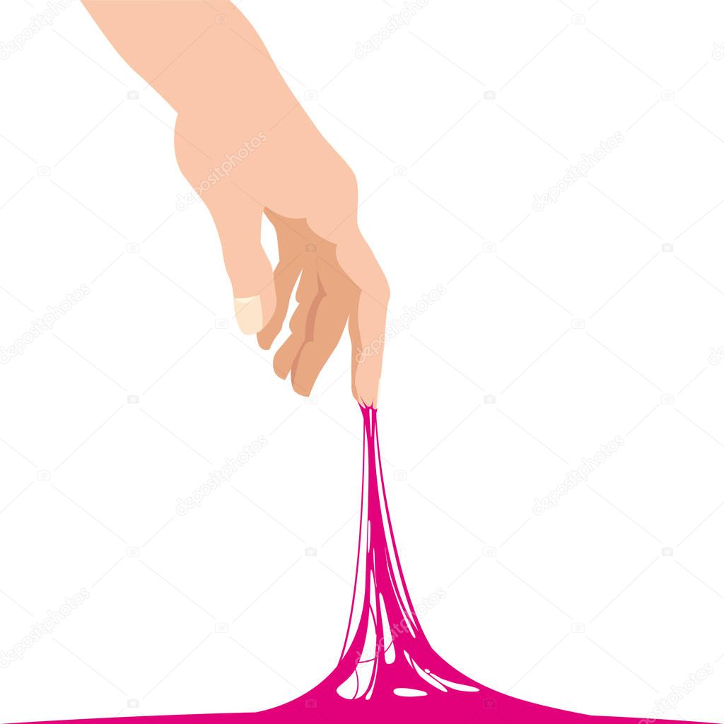 Sticky slime reaching stuck for hand, pink banner template. Popular children s sensory toy vector illustration. Cartoon liquid slime isolated background. Glue Jelly The substance is sticky, tension