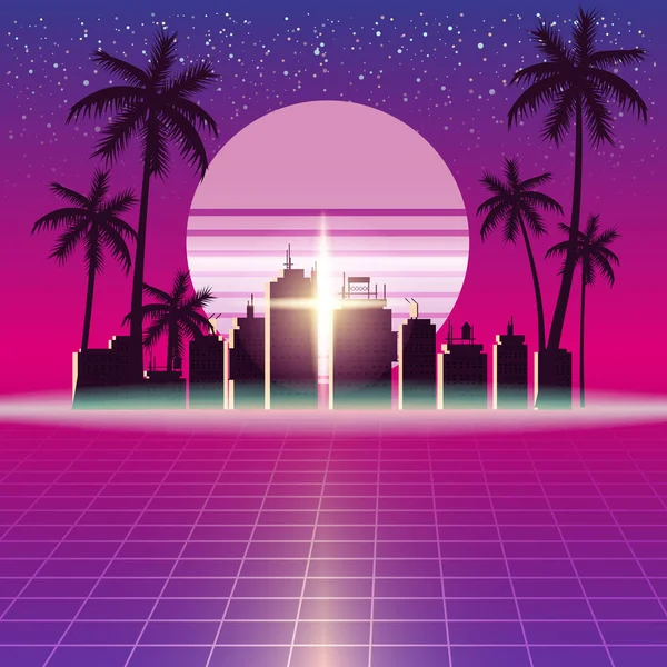 Synthwave Retro Futuristic Landscape With City Palms, Sun, Stars And Styled Laser Grid. Neon Retrowave Design And Elements Sci-fi 80s 90s Space. Vector Illustration Template Isolated Background — Stock Vector