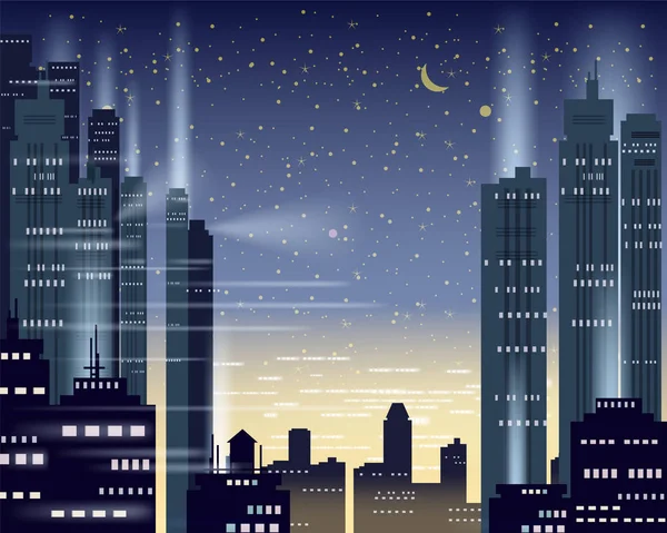 Panorama metropole noční světla velkoměsta, osvětlen neon, mrakodrapy, centrum města, Panorama, siluety budov. Vektor, ilustrace, izolované, pozadí, šablona, banner — Stockový vektor