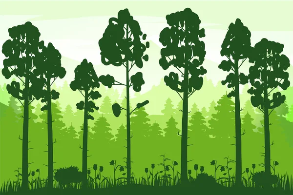 In het voorjaar prachtige landschap, bos, silhouetten van boom stam, groene kleur van gebladerte. Panorama, horizon, natuur. Vectorillustratie, cartoon stijl, geïsoleerde, banner, sjabloon, poster, kaart — Stockvector